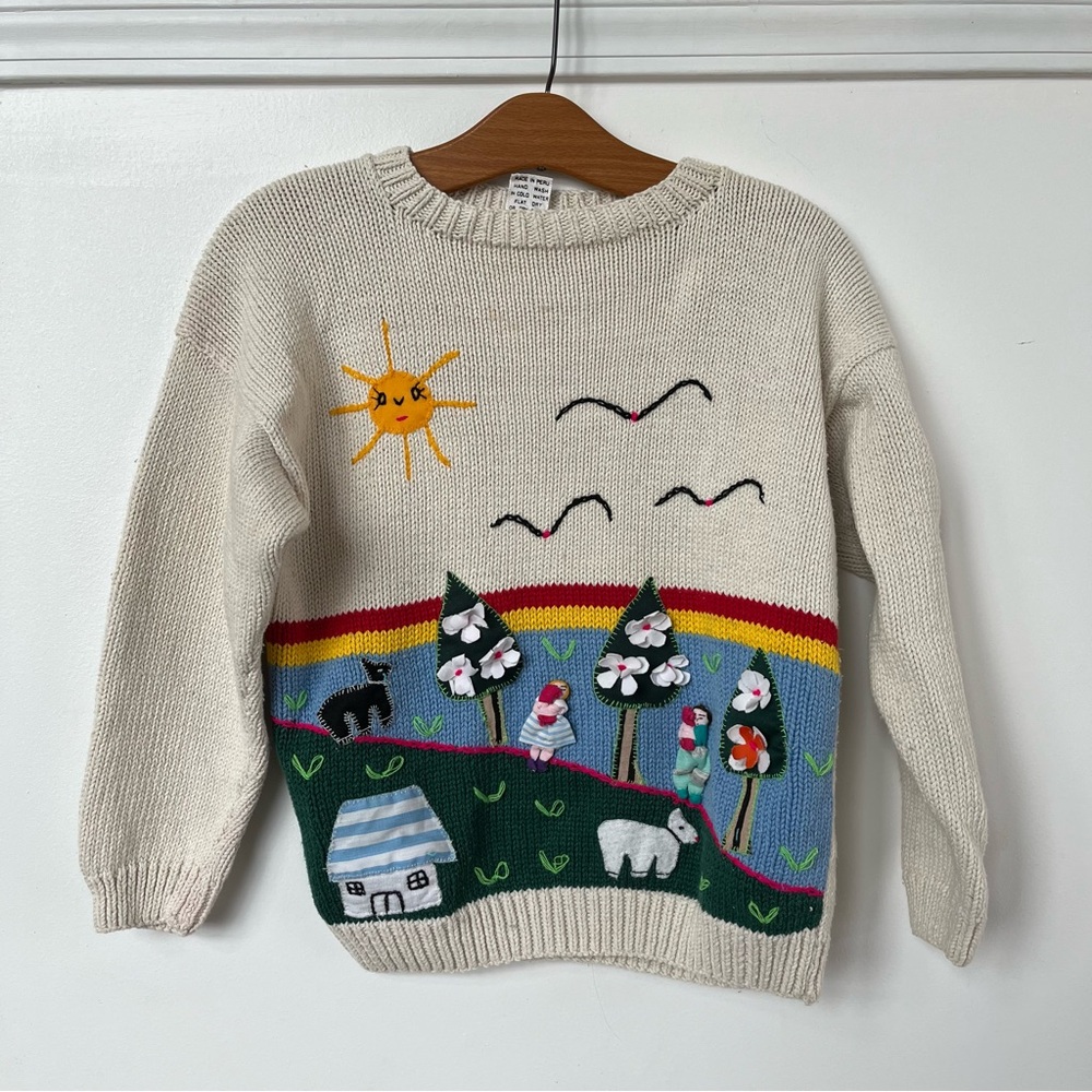 Vintage Arpillera Colorful Unique Landscape Sweater
